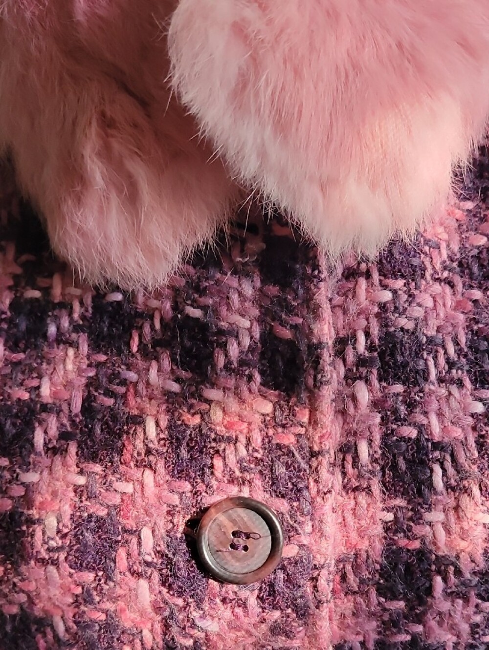 Guess Pink and PURPLE Houndstooth RABBIT Fur Trim Pea Coat SIZE M 45% WOOL - Picture 5 of 15